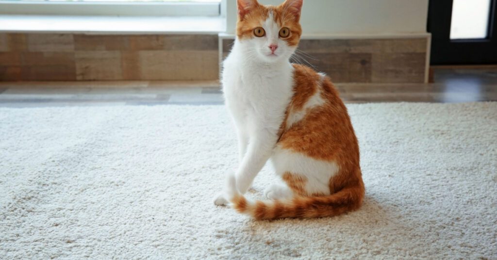 orange and white cat sitting on carpet near wet spot